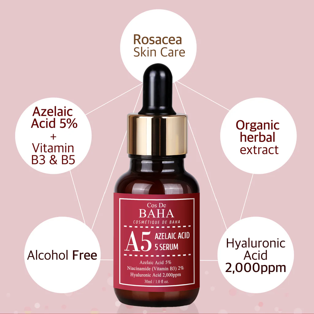 Cos de Baha A5. Azelaic Acid 5% Facial Serum with Niacinamide - Fast Rosacea Skin Care Product + Reduce Cystic Acne Scar + Redness Relief Face + Pimple Pigmentation Blackhead(30ml) (5% Azelaic Acid)