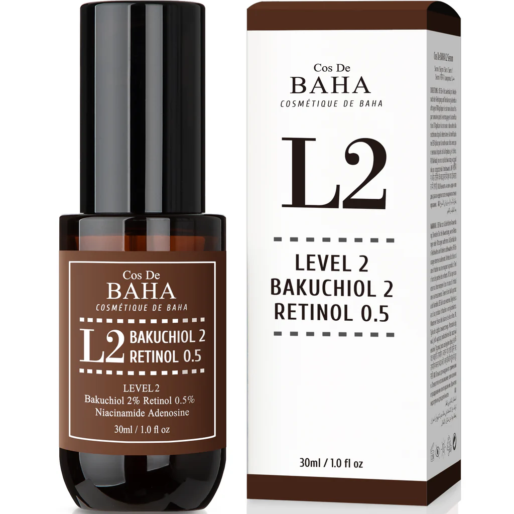 Cos De Baha L2. Retinol 0.5%, Bakuchiol 2% Serum with Retinol for Face, Anti-Aging, Hyperpigmentation and Acne Flare-Ups (30ml)