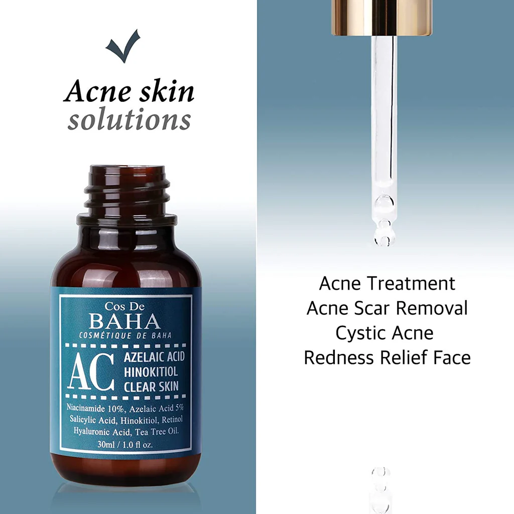 Cos de Baha AC. Acne Treatment Intensive Facial Serum with Azelaic acid 5%, Niacinamide 10%, Salicylic Acid, Retinol, Tea Tree - Fast & Efficient Cystic Acne(30ml)