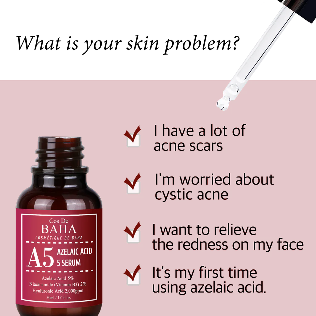 Cos de Baha A5.   Azelaic Acid 5% Facial Serum with Niacinamide - Fast Rosacea Skin Care Product + Reduce Cystic Acne Scar + Redness Relief Face + Pimple Pigmentation Blackhead(30ml) (5% Azelaic Acid)