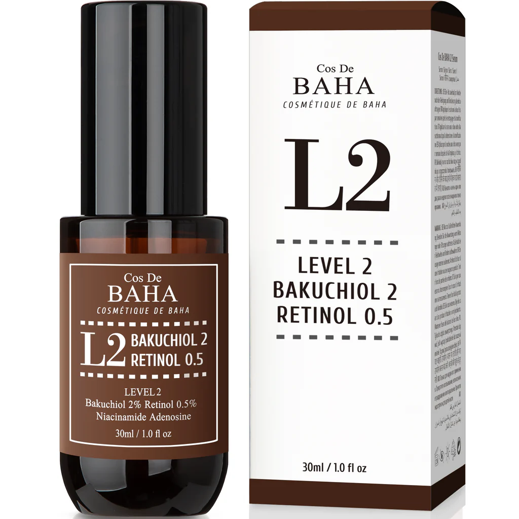 Cos De Baha L2.      Retinol 0.5%, Bakuchiol 2% Serum with Retinol for Face, Anti-Aging, Hyperpigmentation and Acne Flare-Ups (30ml)