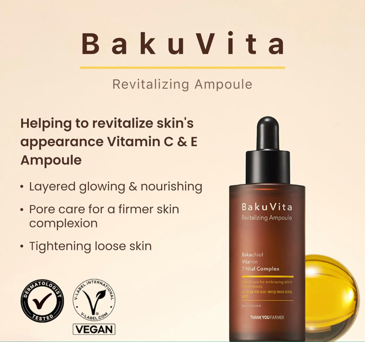 THANKYOU FARMER BakuVita Revitalizing Ampoule - Bakuchiol Retinol Alternative, Vitamin C + E