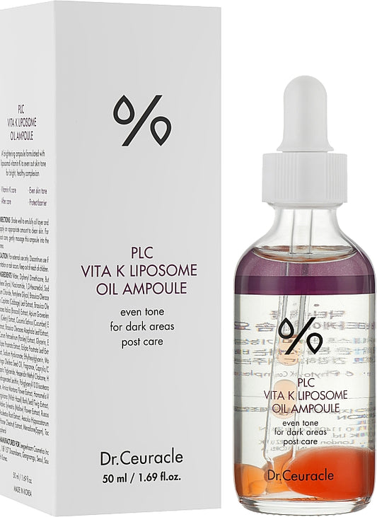 Dr. Ceuracle PLC Vita K Liposome Oil Ampoule 50ml helps to deliver an even-toned and softer complexion, improving the appearance of discoloration from bruising, redness, irritation, and dark circles.