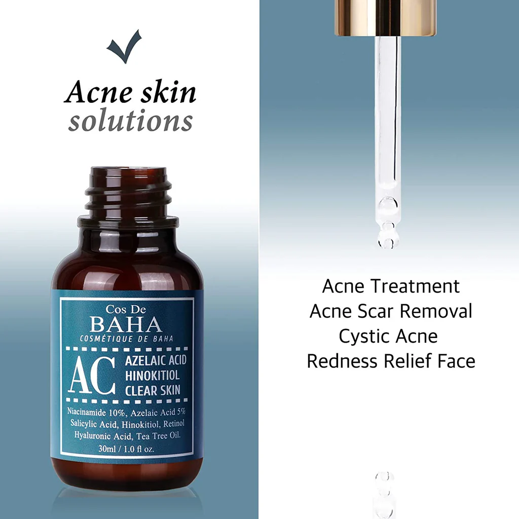 Cos de Baha AC.          Acne Treatment Intensive Facial Serum with Azelaic acid 5%, Niacinamide 10%, Salicylic Acid, Retinol, Tea Tree - Fast & Efficient Cystic Acne(30ml)